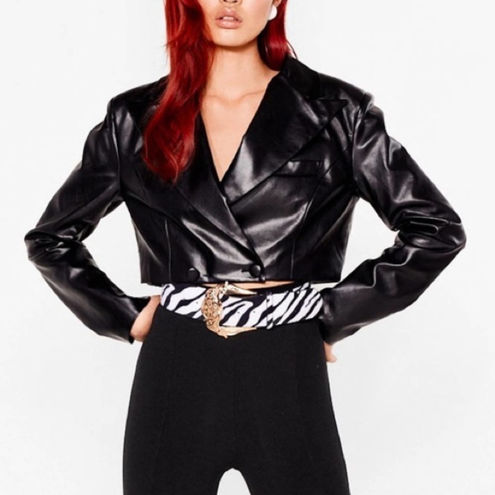 Nasty Gal Faux Leather Double Breasted Cropped Blazer black size 4